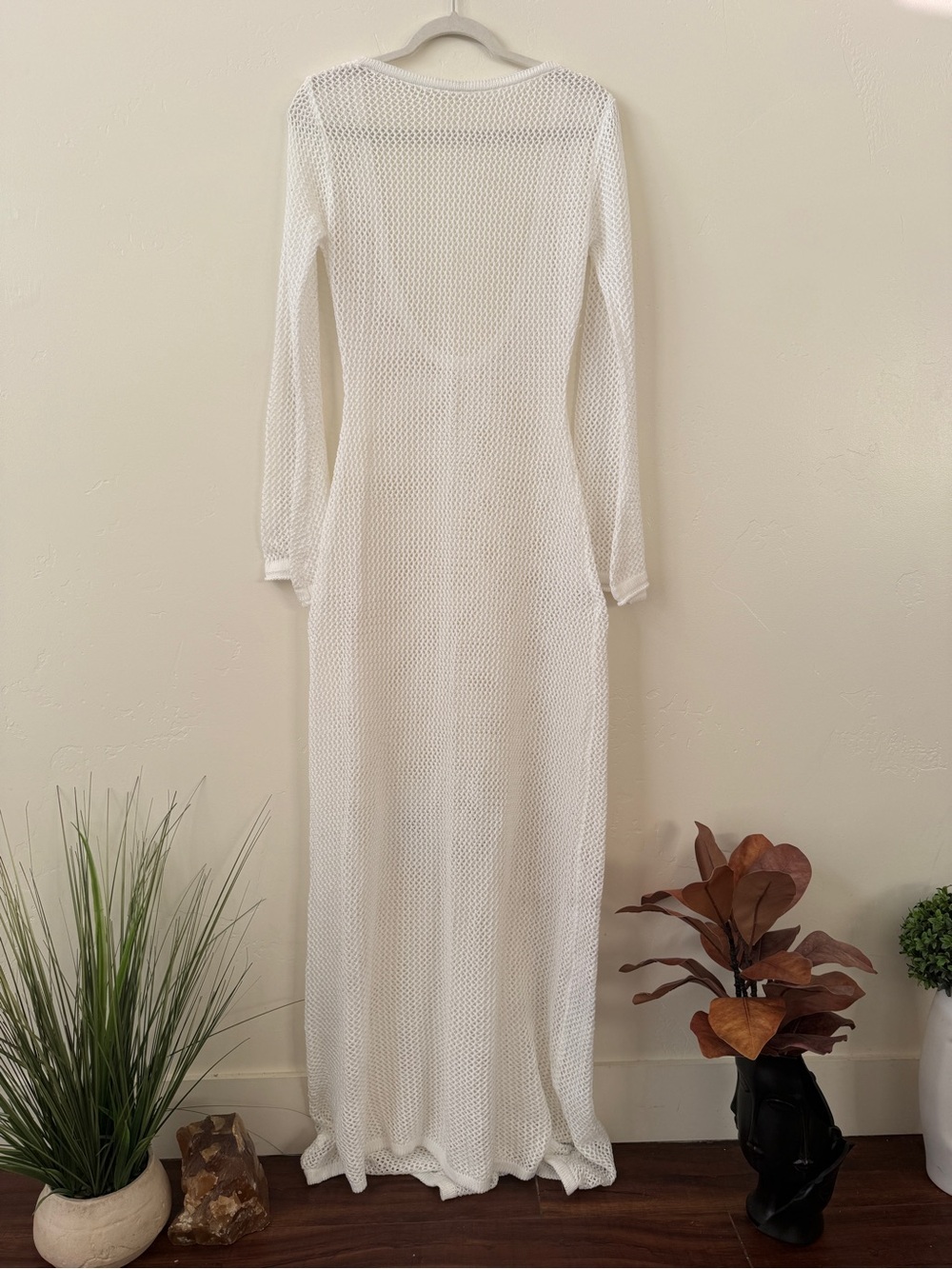 White Long-Sleeve Knit Maxi Dress